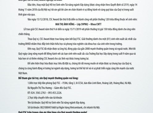THƯ NGỎ CSC AWARD 2019